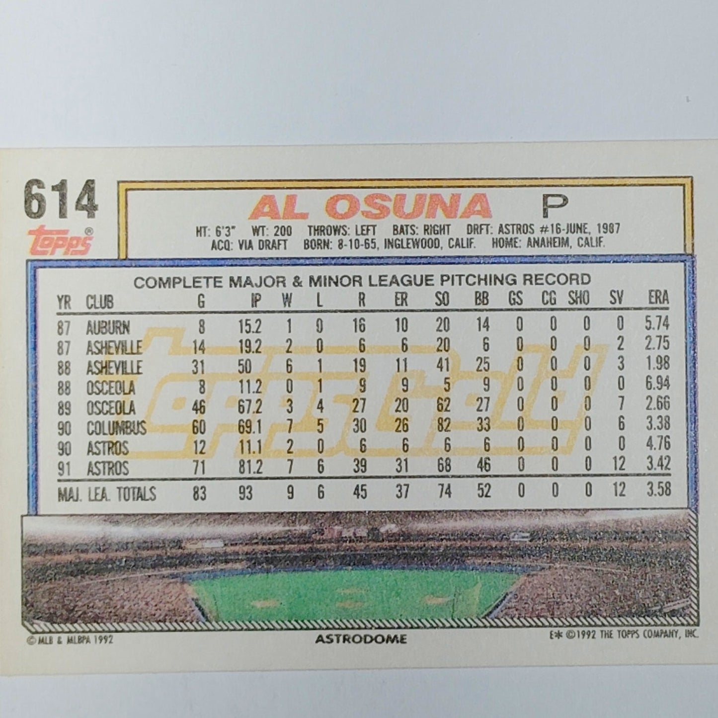 1993 Topps #614 Al Osuna Gold Foil Winner Houston Astros Pitcher - VG/EX