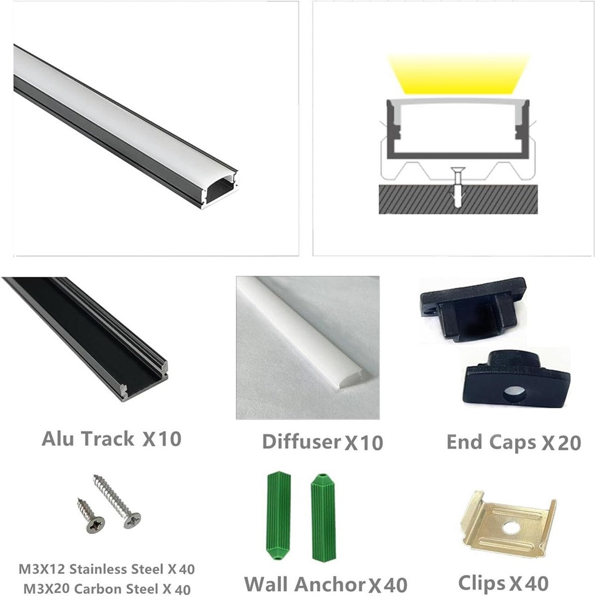 10-PK LED Strip U Channel Diffuser, 6.56 FT. Black Aluminum Track w/ Milky Cover