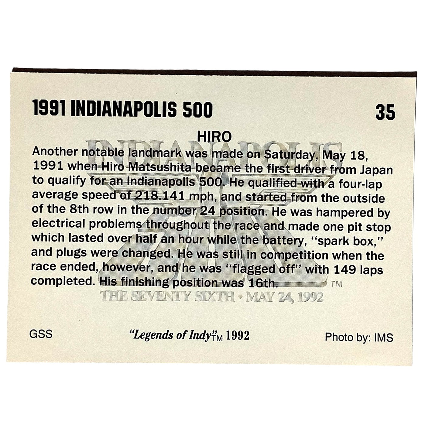 HIRO- Japan's First in Indy 500, 1991 Action, 1992 Legends of Indy, Card No.35
