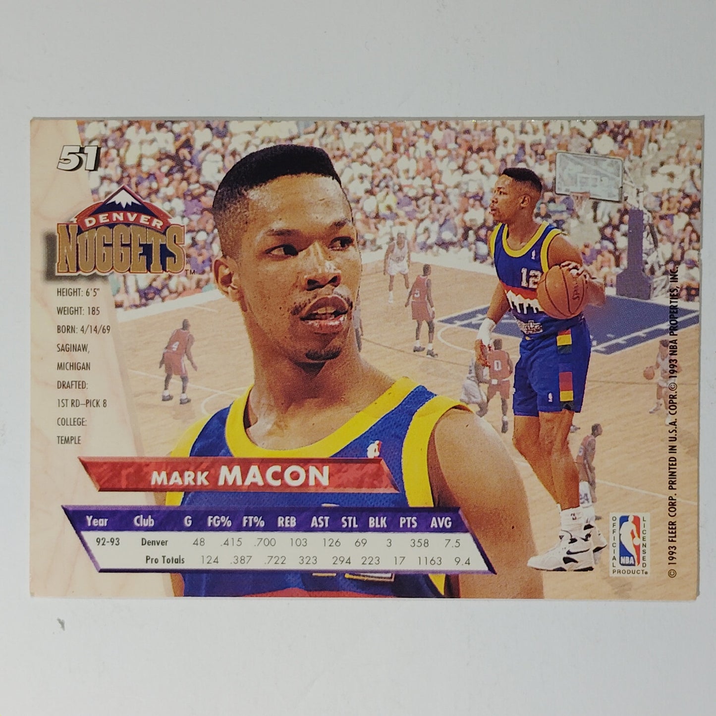 1993–94 Fleer Ultra Mark Macon #51 Denver Nuggets – G – NBA Card – Misprint Foil