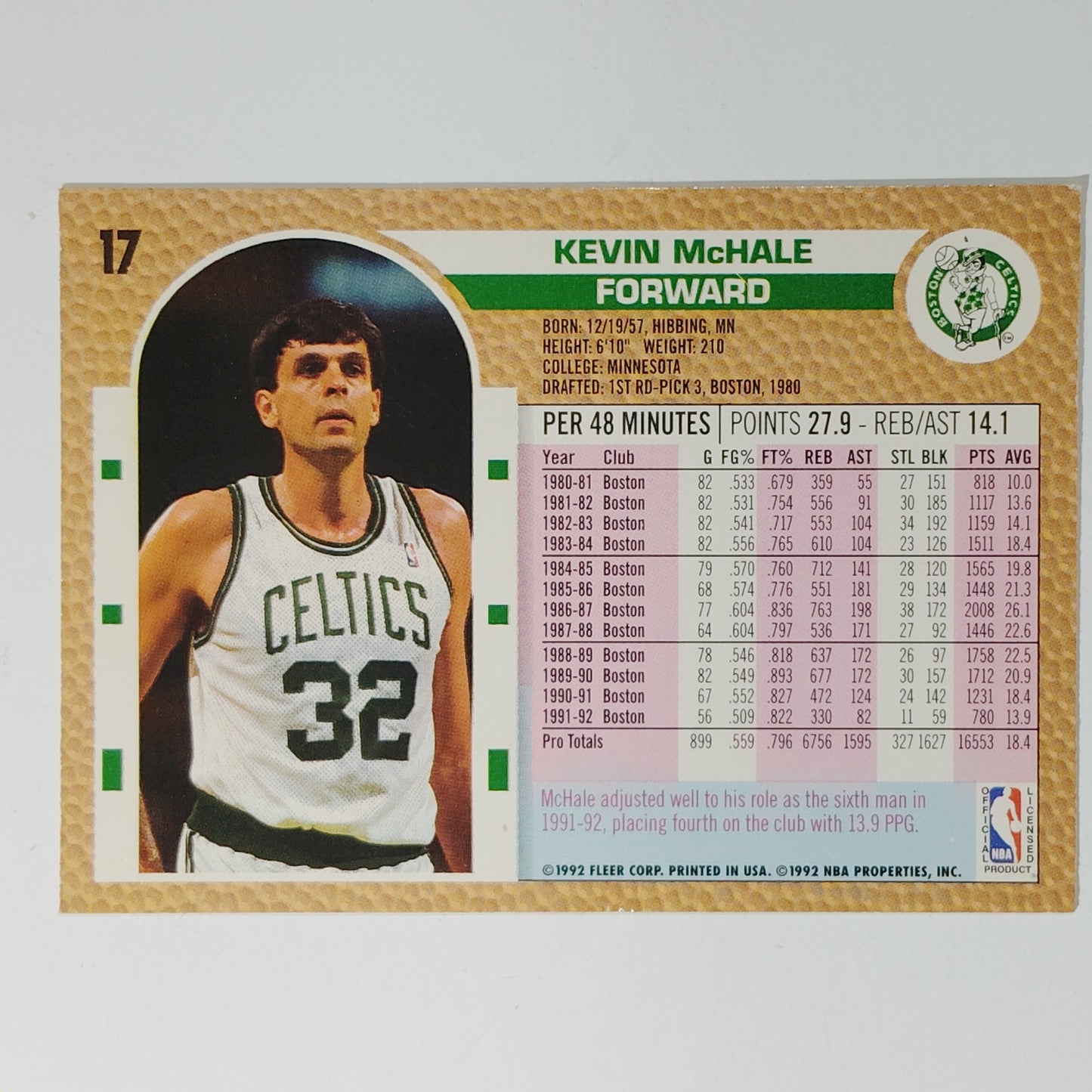 1992–93 Fleer Kevin McHale #17 – Boston Celtics – Forward/Center – NBA Card