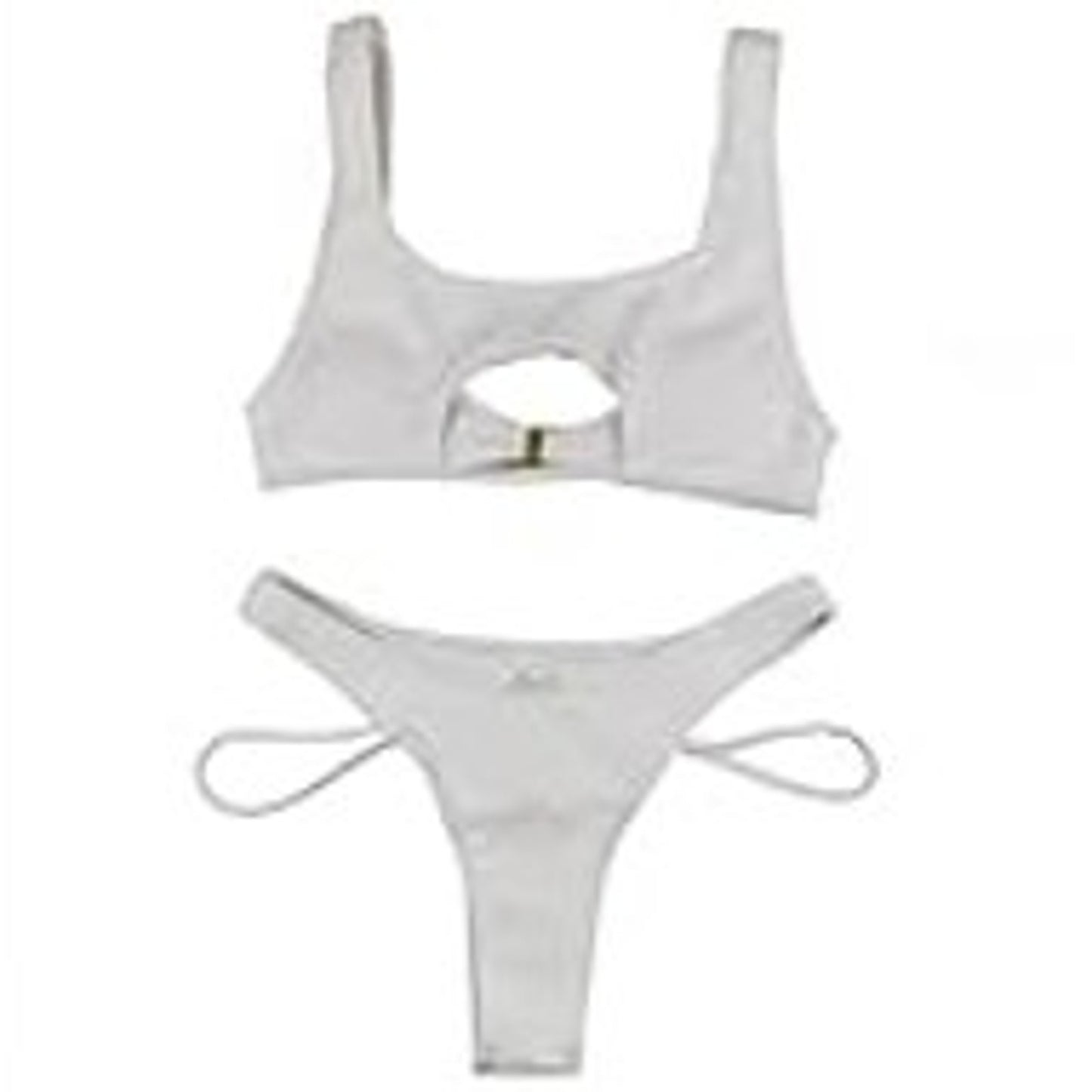 SherryDC Sexy Scoop Neck Padded Cutout Strappy Thong Bikini Set, White, S (2-4)