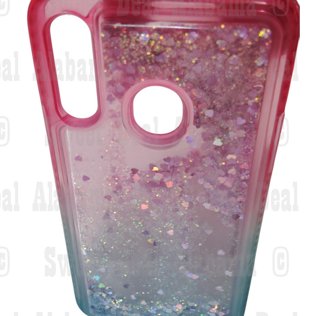 Cellphone Case For Samsung Galaxy A20s, Pink/Aqua w/ Glitter/Hearts Quicksand