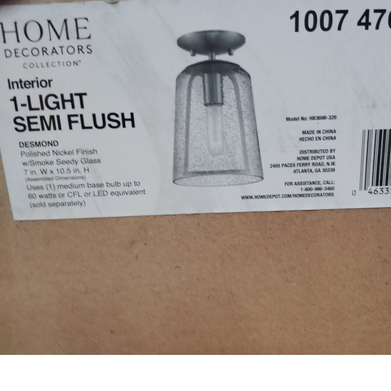 Desmond 7" 1-Light Polished Nickel Semi Flush Mount Ceiling Light with Smoke Seeded Glass Shade