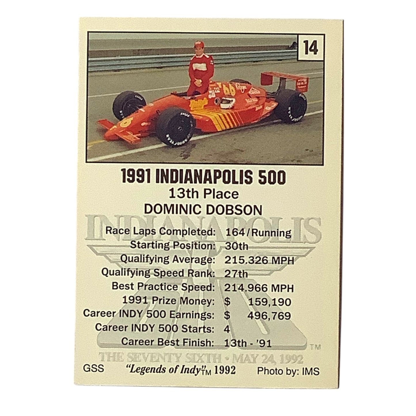 Dominic Dobson 13th Place Finish, 1991 Action, 1992 Legends of Indy Card 14, NM+