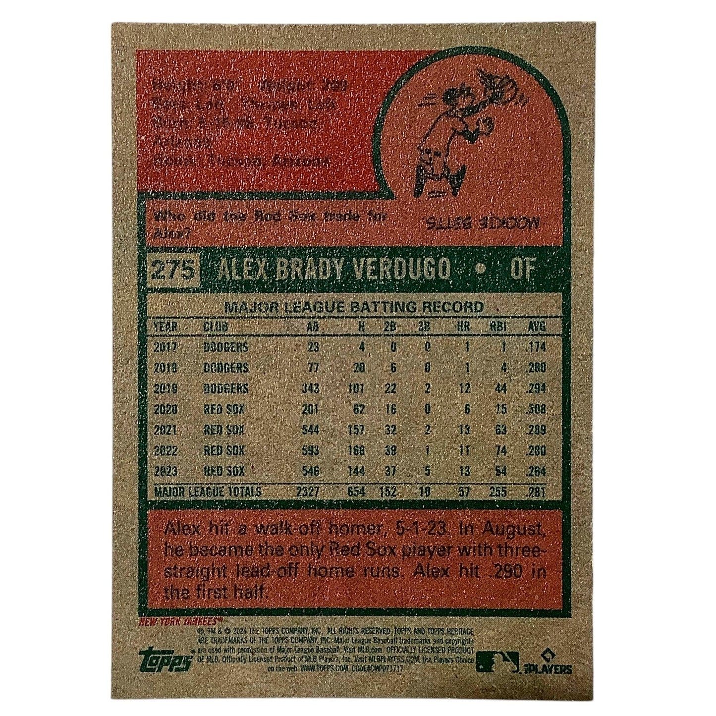 2024 Topps Heritage - Alex Verdugo, New York Yankees OF, Card #275, NM+