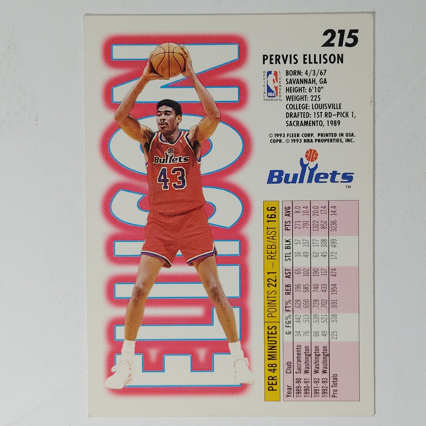 1993–94 Fleer Pervis Ellison #215 – Washington Bullets – NBA Card