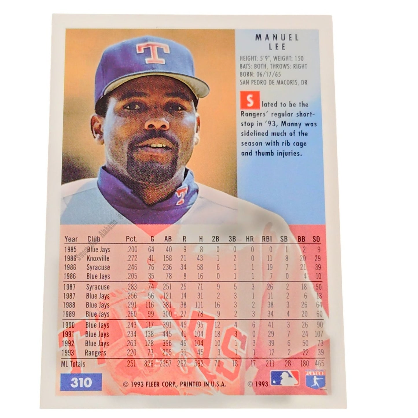 Manuel Lee, Texas Rangers, #310, 1994 Fleer Baseball Collector's Card