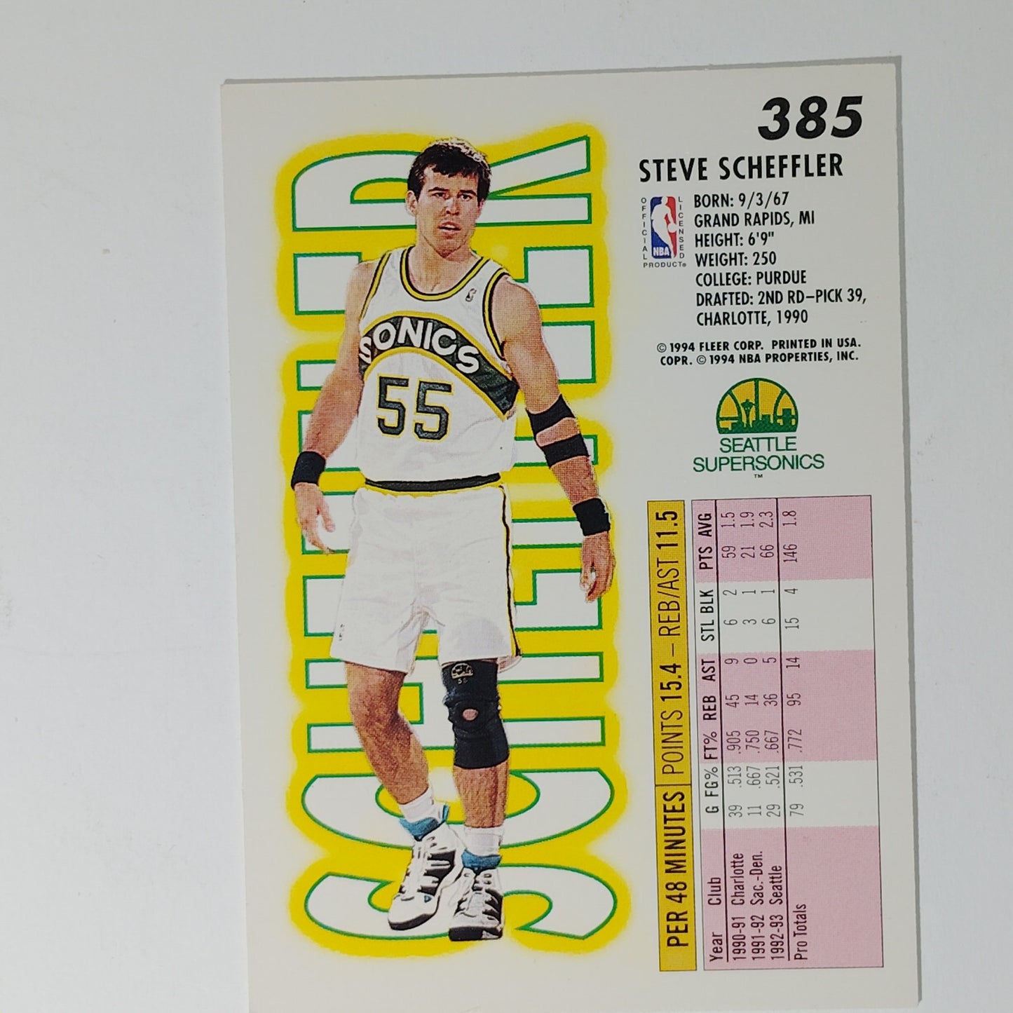 1993–94 Fleer Steve Scheffler #385 – Seattle SuperSonics – Center