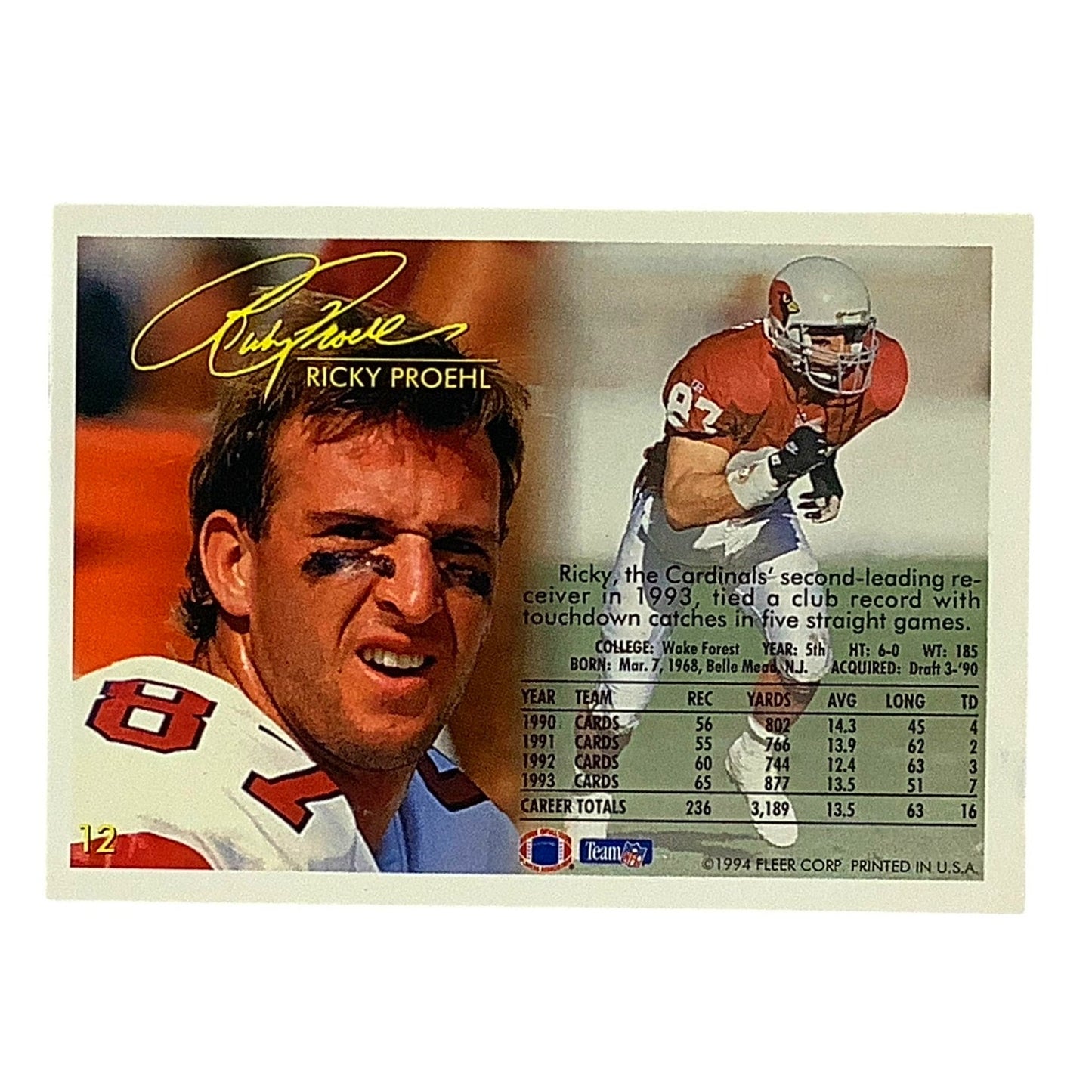 Ricky Proehl, Arizona Cardinals, NFL Fleer 1994 Card 12, EX/NM