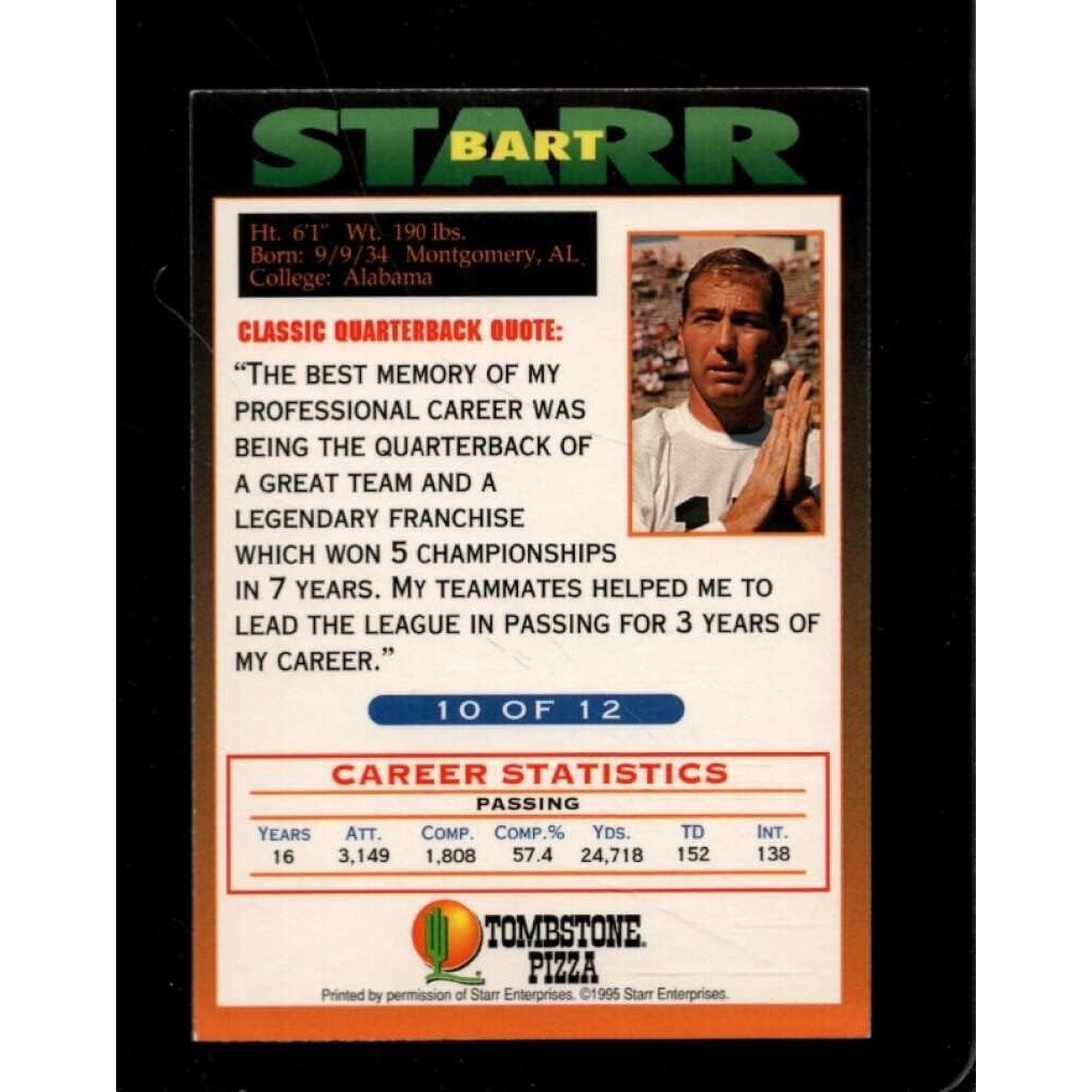 Bart Starr 1995 Tombstone Pizza Classic Quarterback Series #10 of 12 Set - NMMT