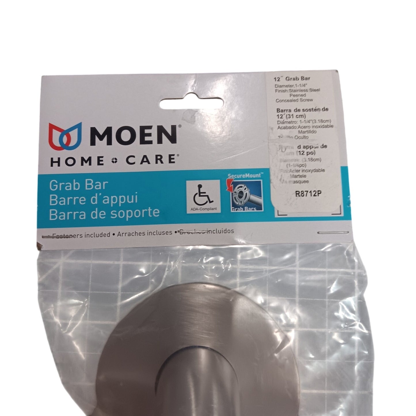 Moen Bathroom Safety 12" Peened Textured Grip Stainless Steel Bathroom Grab Bar