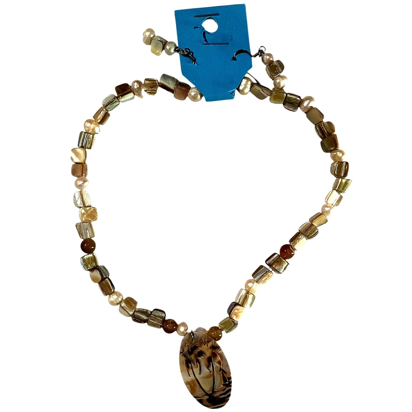 15.5" Necklace Stone and Faux Shell Painted with Palm Trees Pendant and Earrings