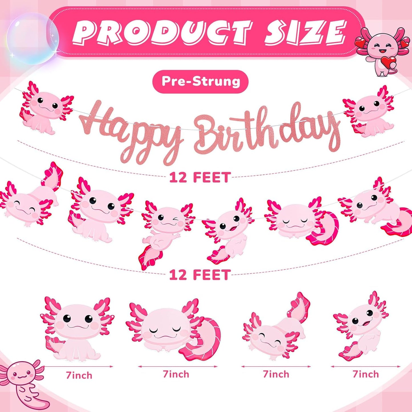 Axolotl Birthday Banner – Pink Ocean Animal Party Garland, 2 Pre-Strung Banners