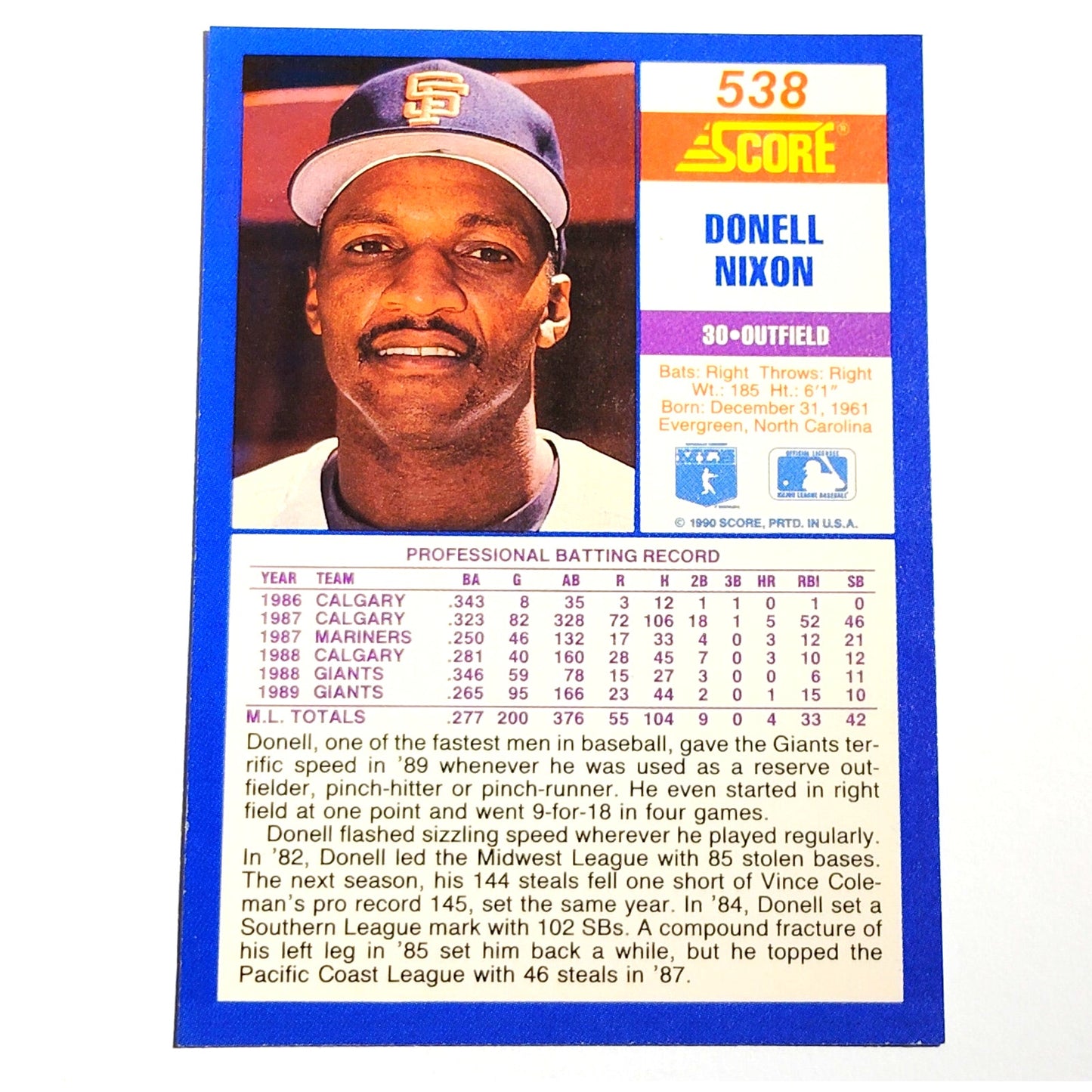 1990 Score Donell Nixon #538 San Francisco Giants Outfielder MLB Baseball EX