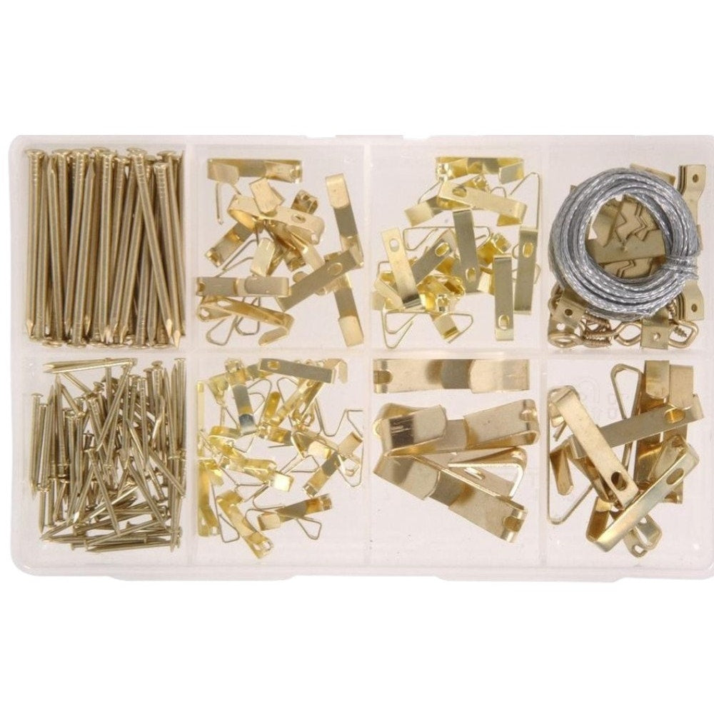 Picture Hanging Kit (217-Piece) – Brass Finish, Assorted Weights, Reusable Case