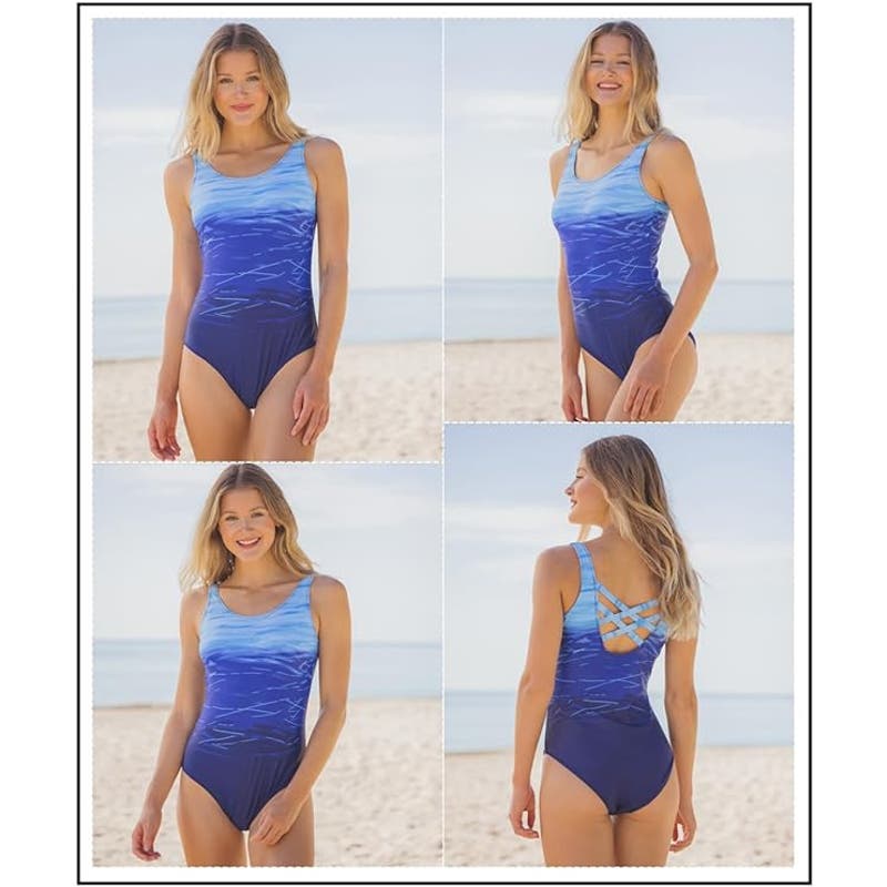 One-Piece Swimsuit Criss Cross Back Cheeky Push Up Sports Monokini, Blue, M