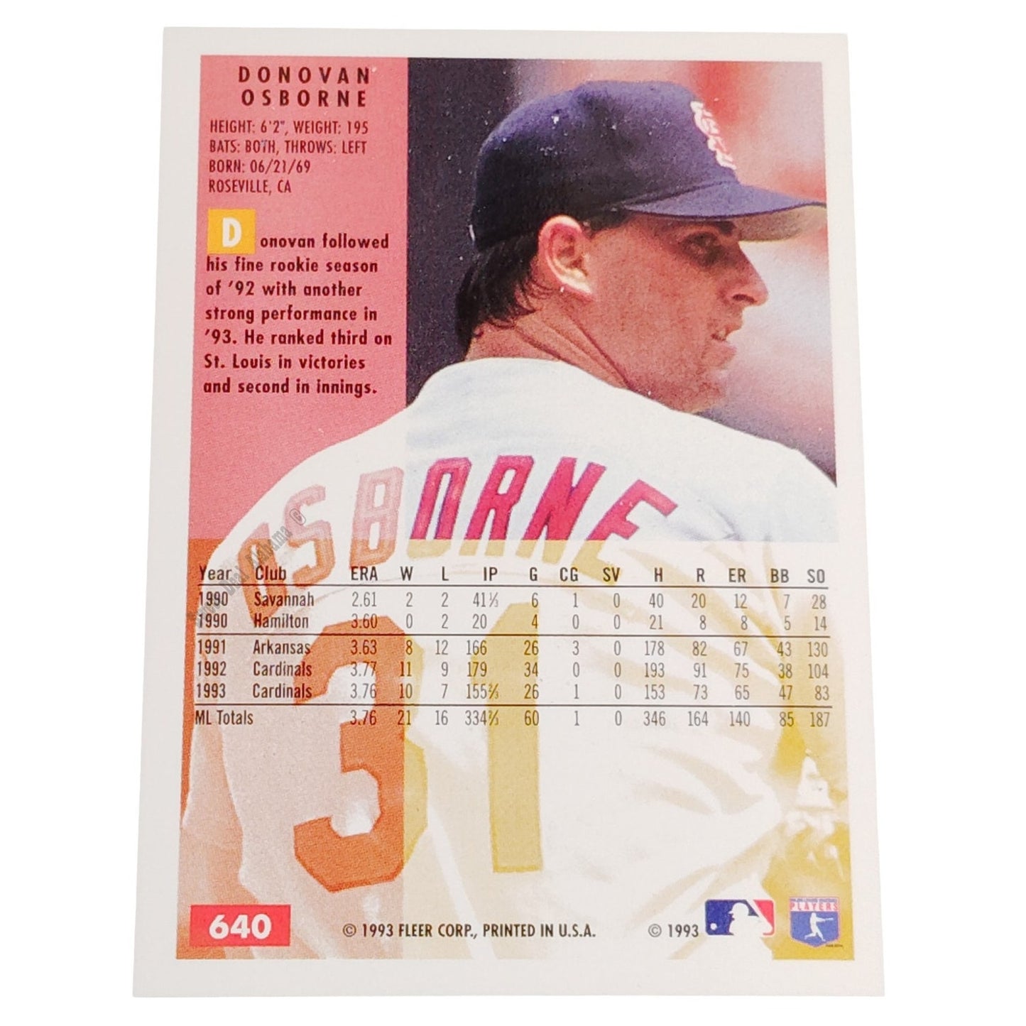 Donovan Osborne, St. Louis Cardinals, #640, 1994 Fleer Baseball Collector's Card