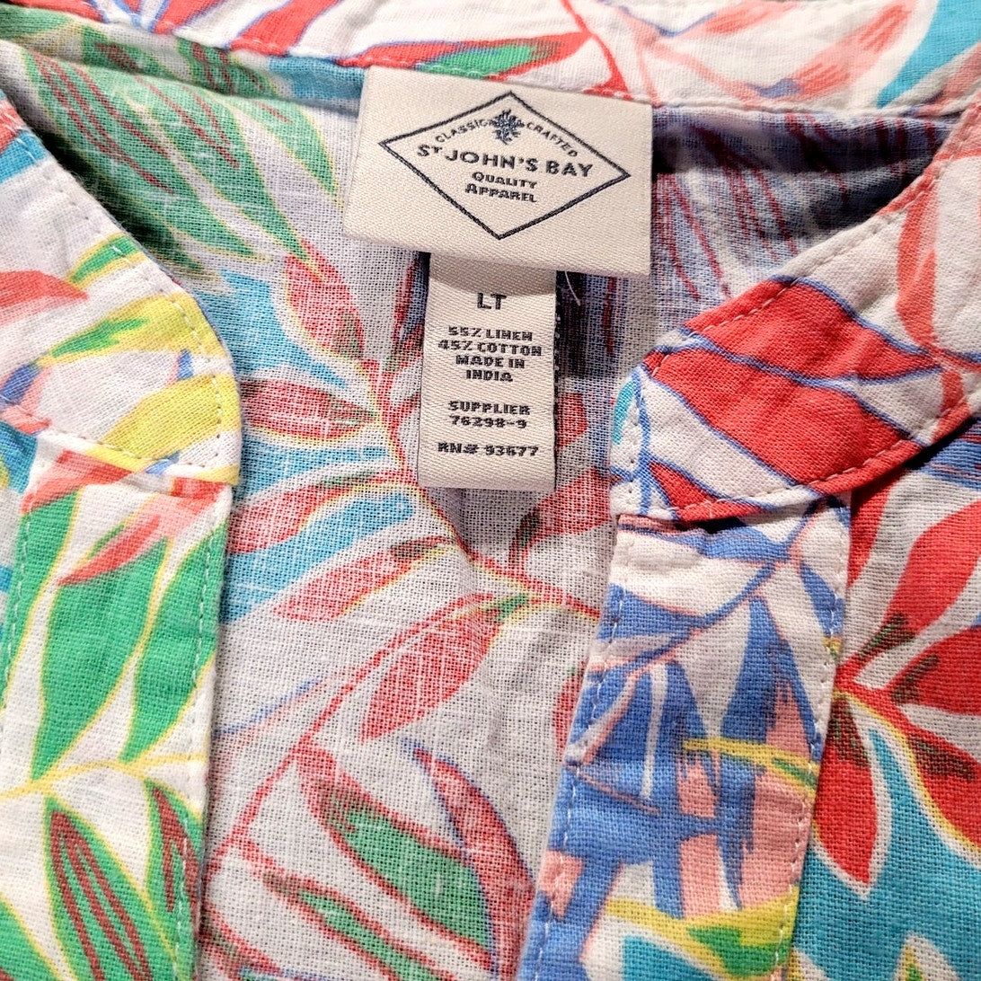 St. John's Bay Tall Linen Y Neck Short Sleeve Blouse Tropical Leaves, Large Tall