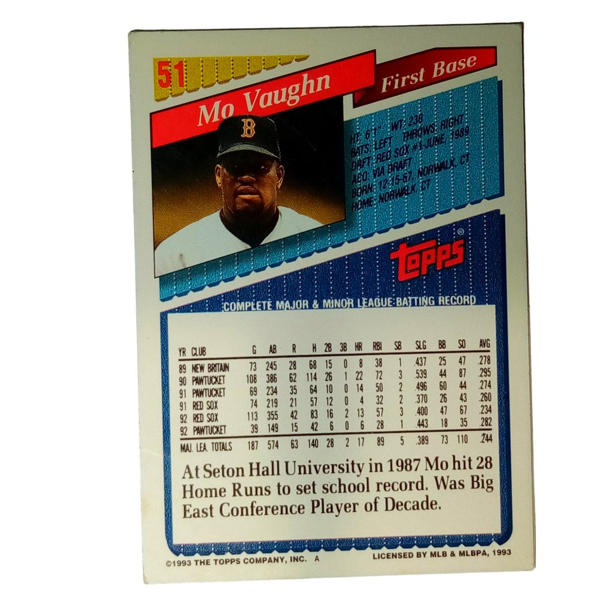 1993 Topps Mo Vaughn #51 Boston Red Sox NM