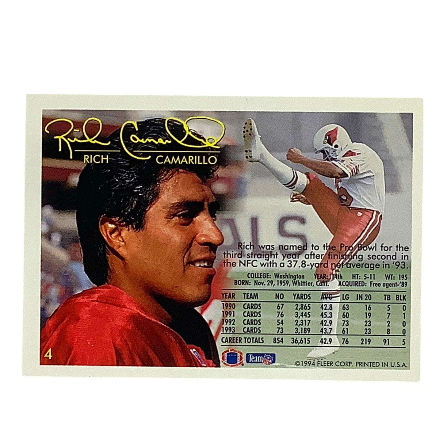 Rich Camarillo, Arizona Cardinals, NFL Fleer 1994 Card 4, EX/NM