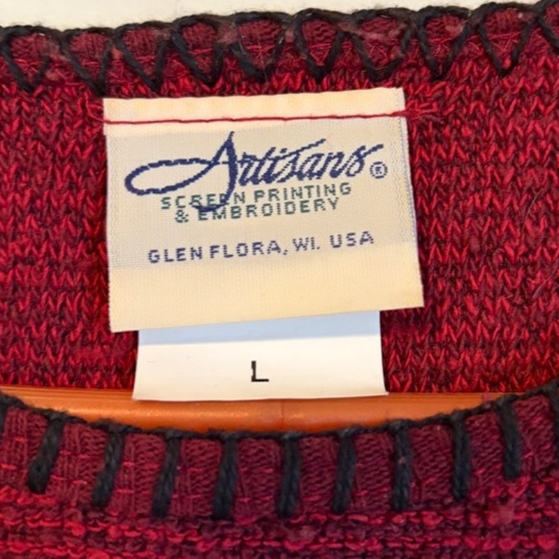 Vintage Artisans Maroon Knit Sweater Lighthouse Patch L - Ribbed Crew Neck