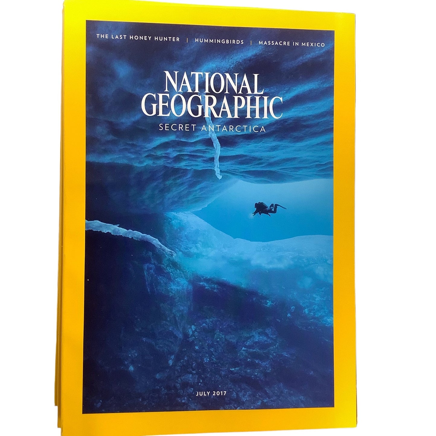 National Geographic July 2017 Antarctica, Crisis on Ice, Beauty Below Ice, Honey Hunter, Flight School, Making of Massacre, Yellow River, LN