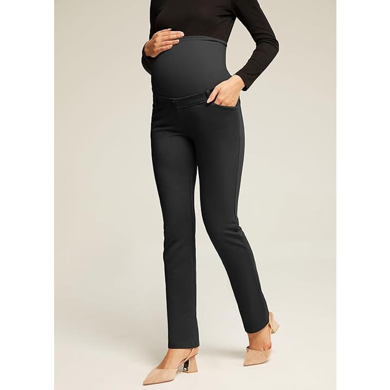 Maacie Maternity Stretchy Straight Legs High Waist Yoga Pants w/ Pockets, XL