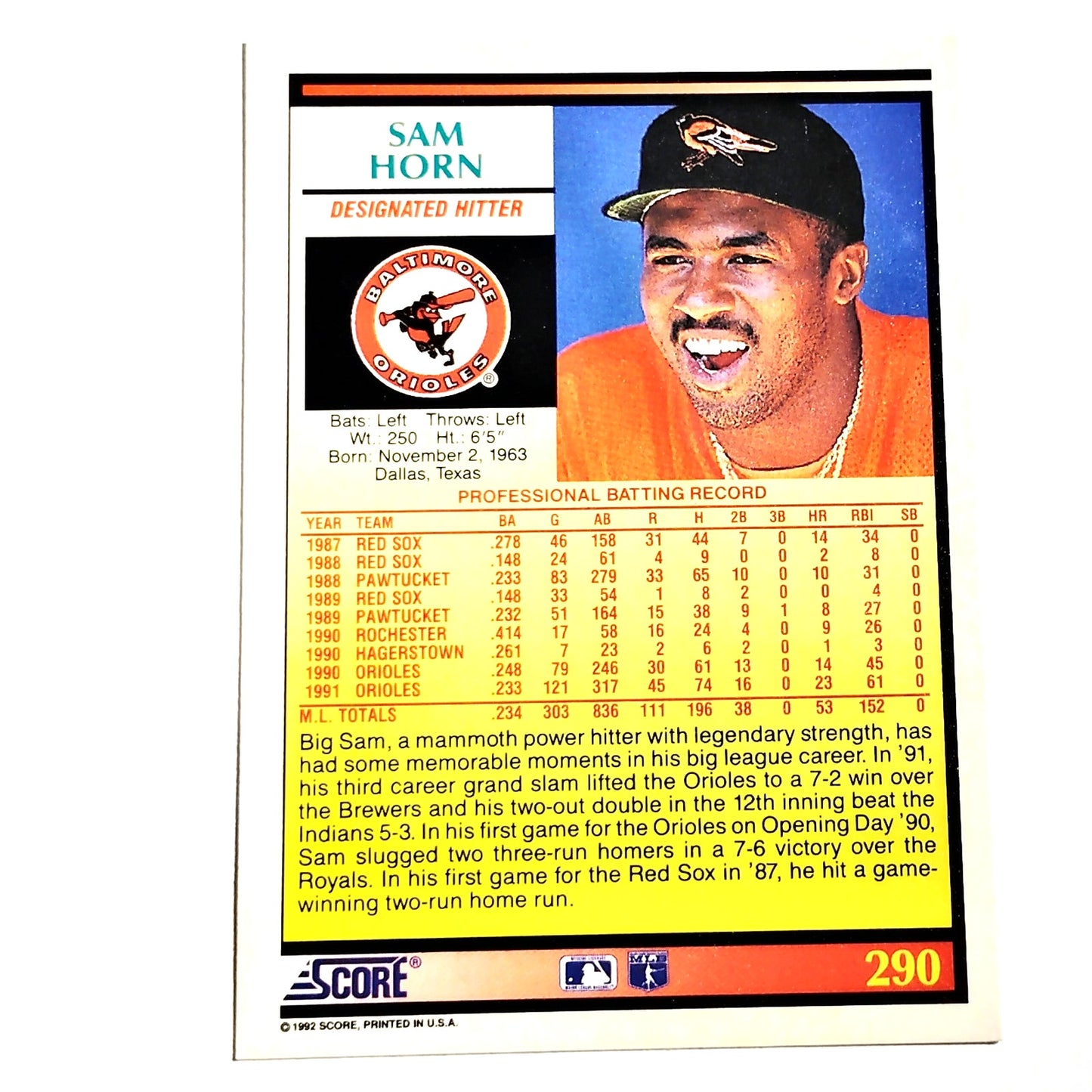 1992 Score Sam Horn #290 Baltimore Orioles First Baseman MLB Baseball NM