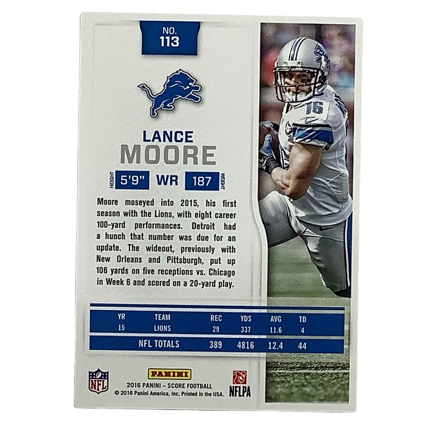 Lance Moore, Detroit Lions, NFL Panini Score 2016 Card 113, EX/NM