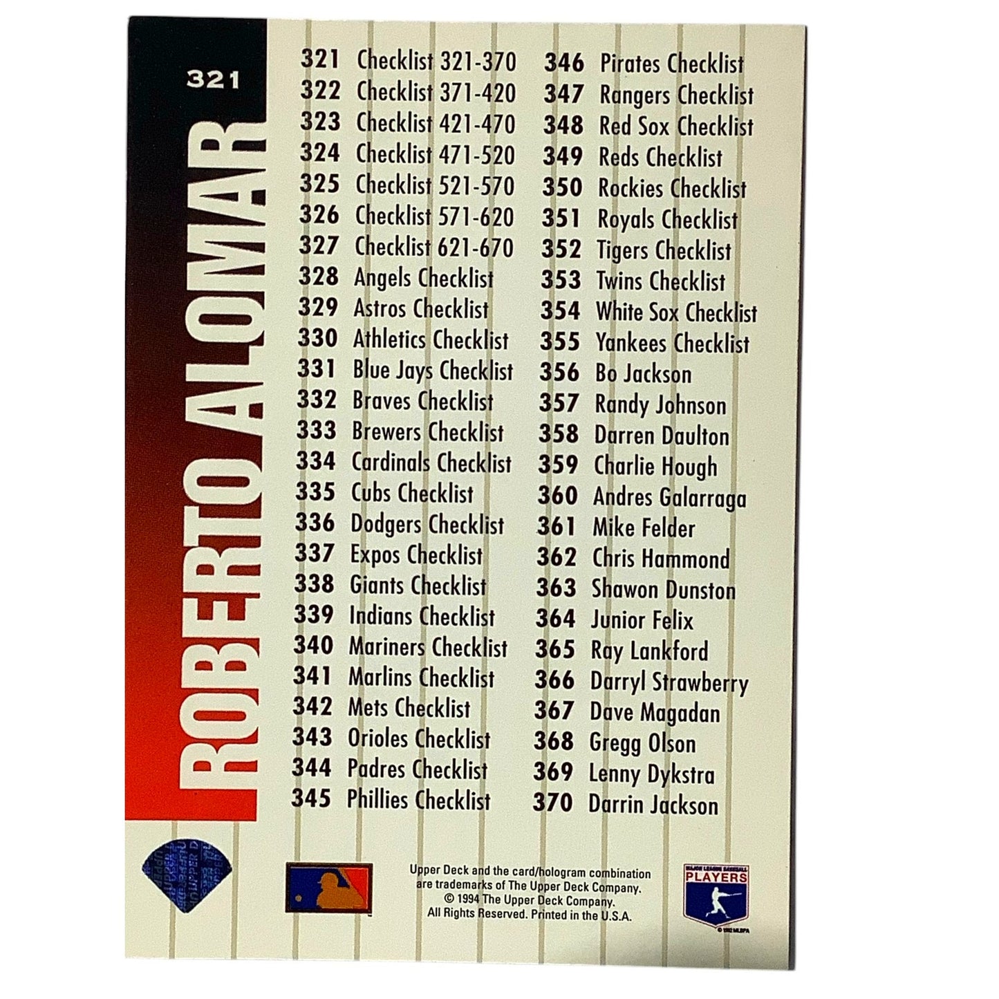 1994 Upper Deck Collector's Choice, Roberto Alomar Checklist #321-370, #321, NM+
