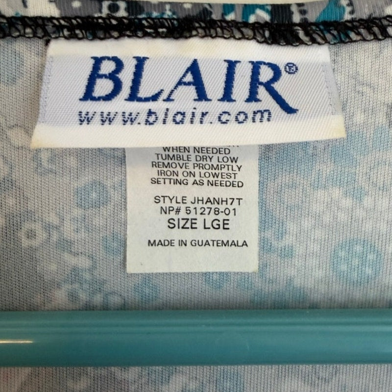 Blair Women's Navy Paisley V-Neck Bell Sleeve Top Size L Asymmetrical Hem