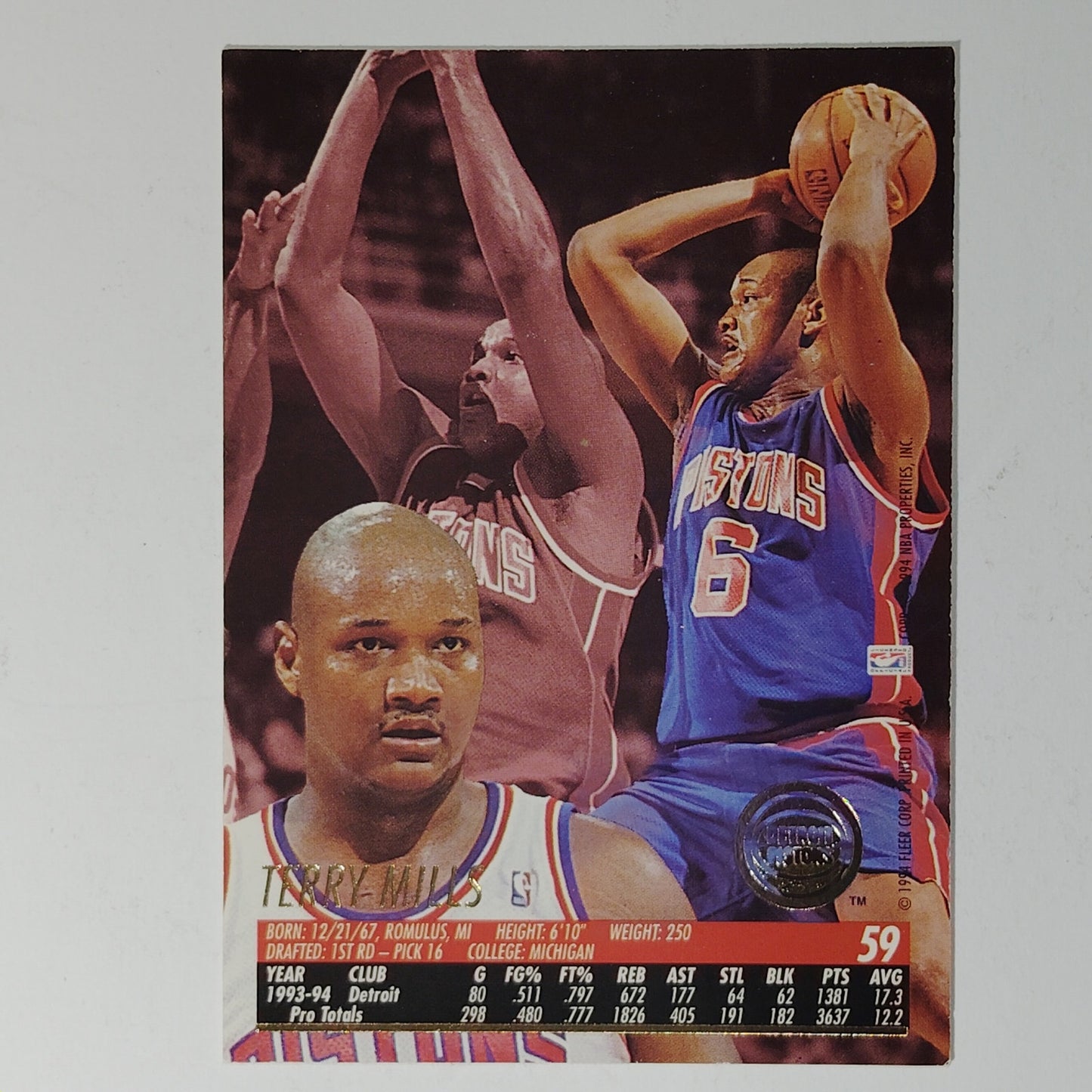 1994–95 Fleer Ultra Terry Mills #59 – Detroit Pistons – Forward – NBA Card EX/NM