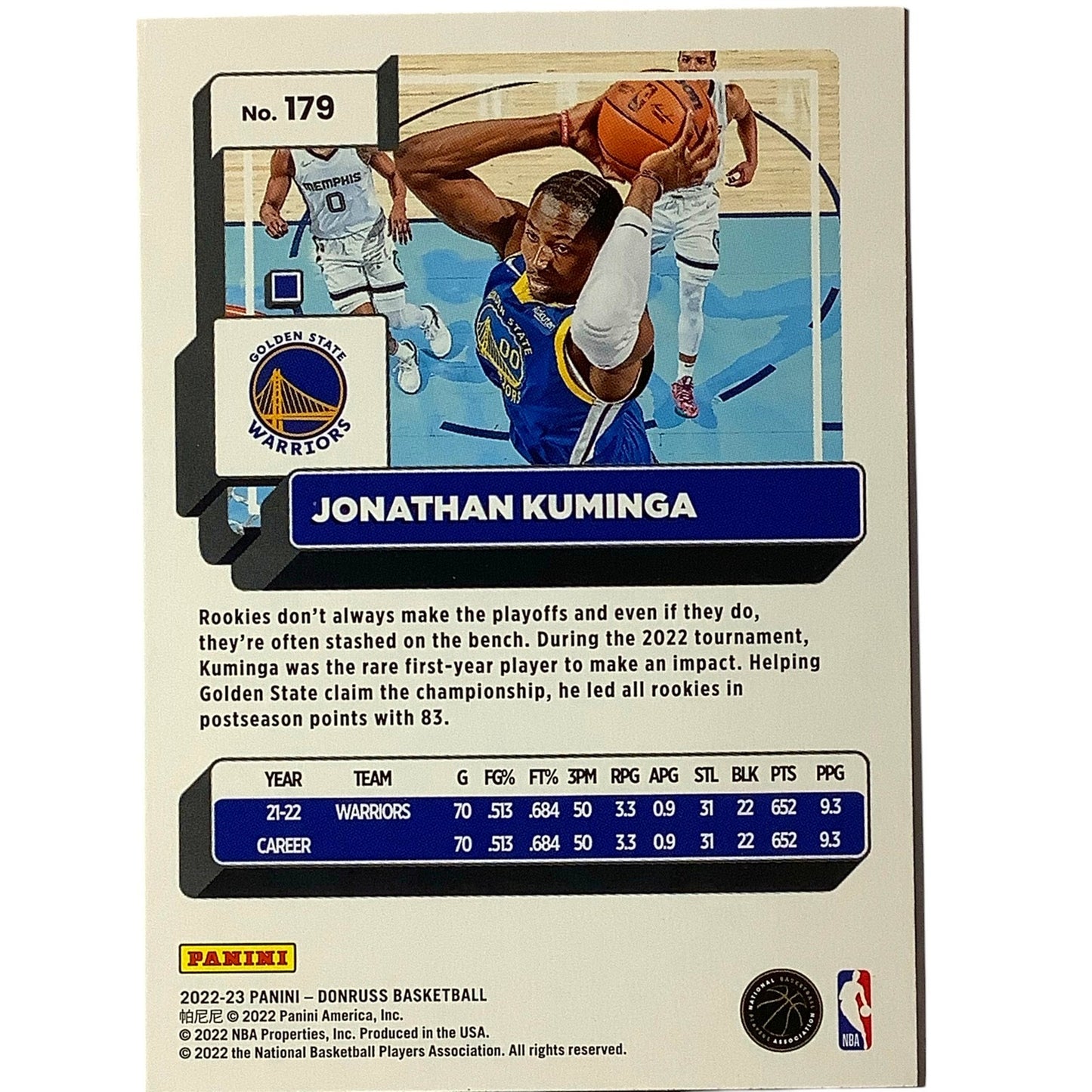 Jonathan Kuminga, Golden State Warriors, Card #179, 2022-23 NBA Panini-Donruss