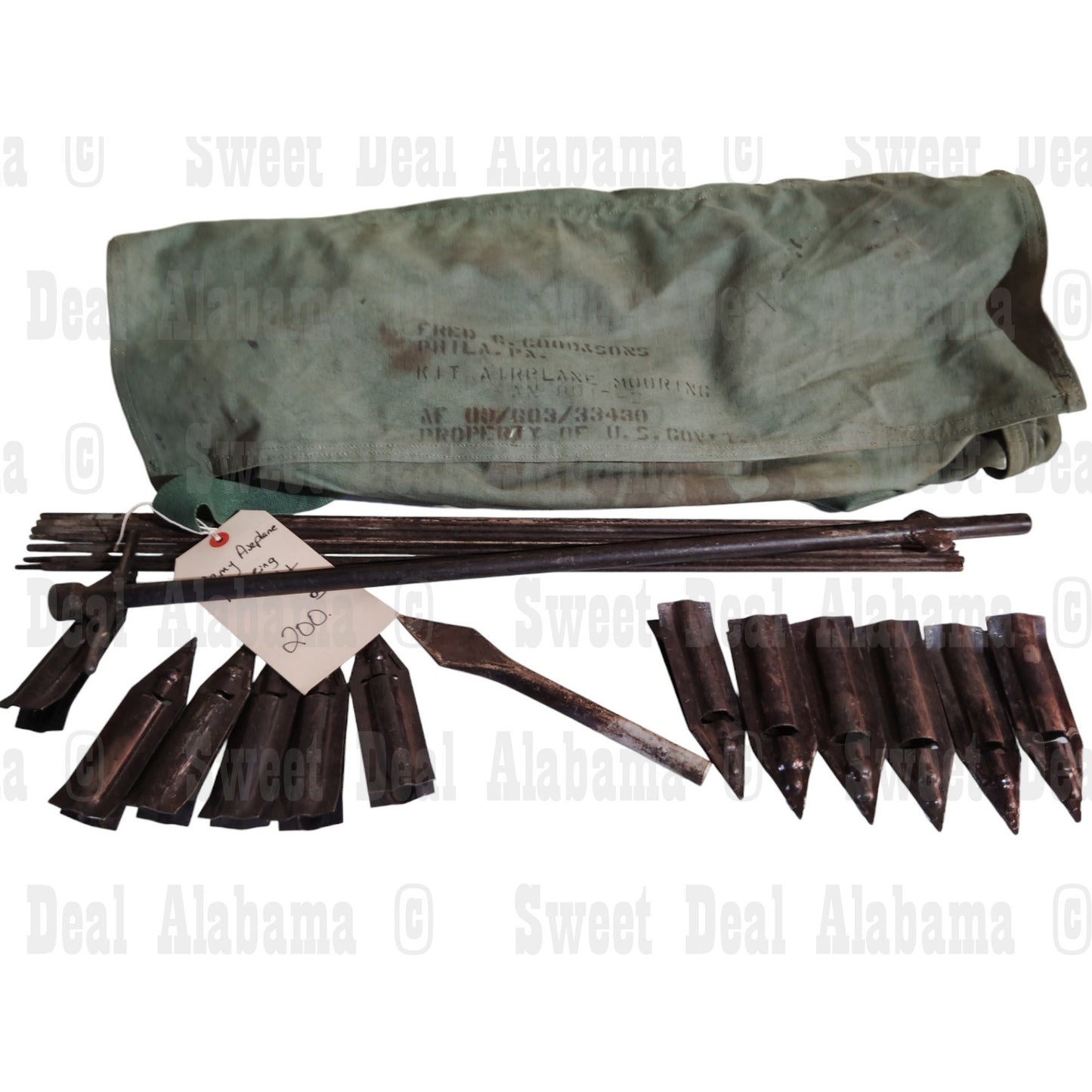 WWII Type D-1 Airplane Mooring Kit - Canvas Case, Stakes, Rods - Incomplete