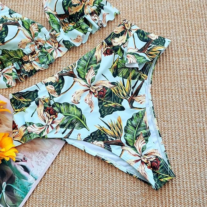 SPORLIKE Ruffle High Waisted Swimsuit Triangle Padded Top Bikini Floral Green M