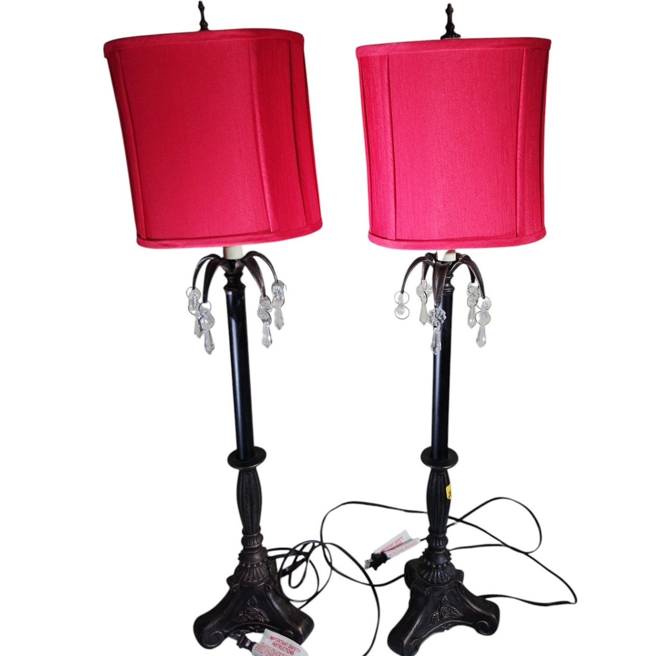 Vintage Lamps – Red Oval Shades, Acrylic Teardrops, Ornate Base, 34-3/4"H, EUC