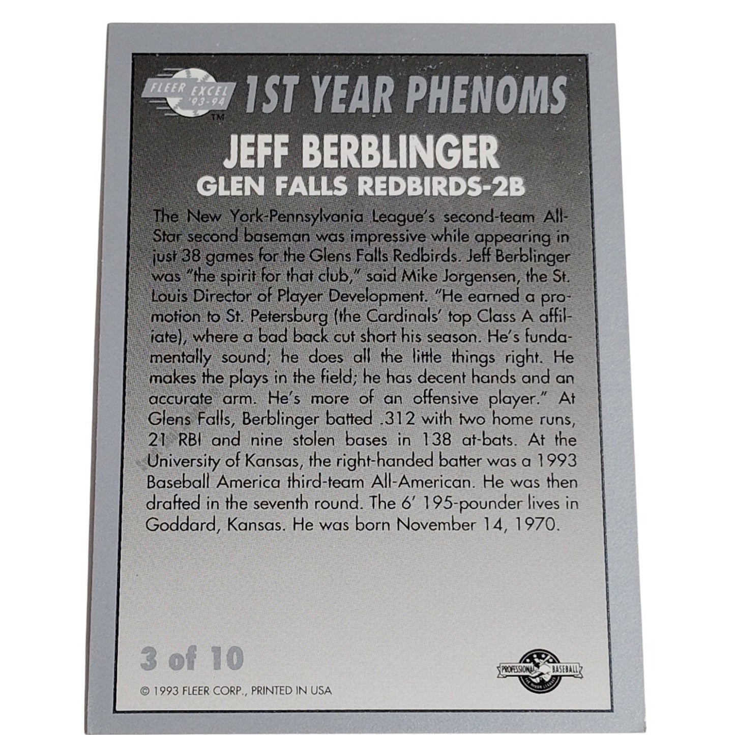 Jeff Berblinger, Glen Falls Redbirds 3 of 10, 1st Year Phenoms 93-94 Fleer Excel