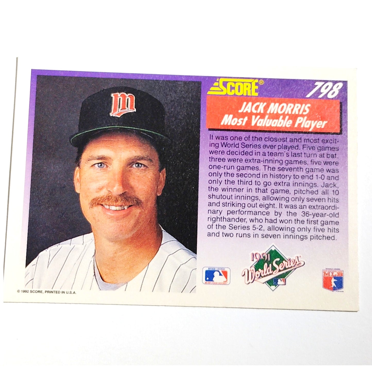 1992 Score Jack Morris #798 Minnesota Twins World Series MVP Baseball Card NM