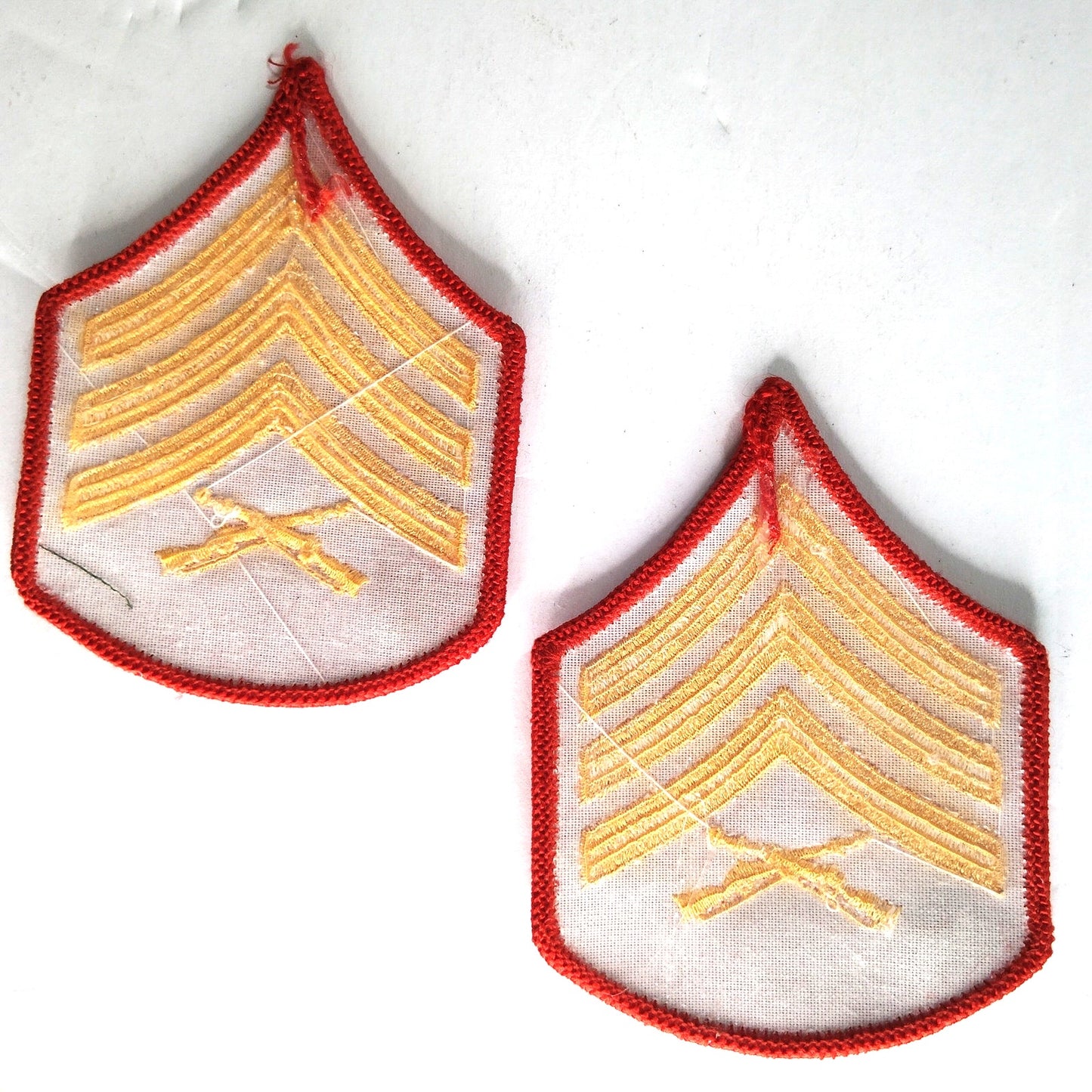 USMC Sergeant E‑5 Chevrons Pair Gold on Red Female 3‑1/2" × 2‑3/4" Sew‑On