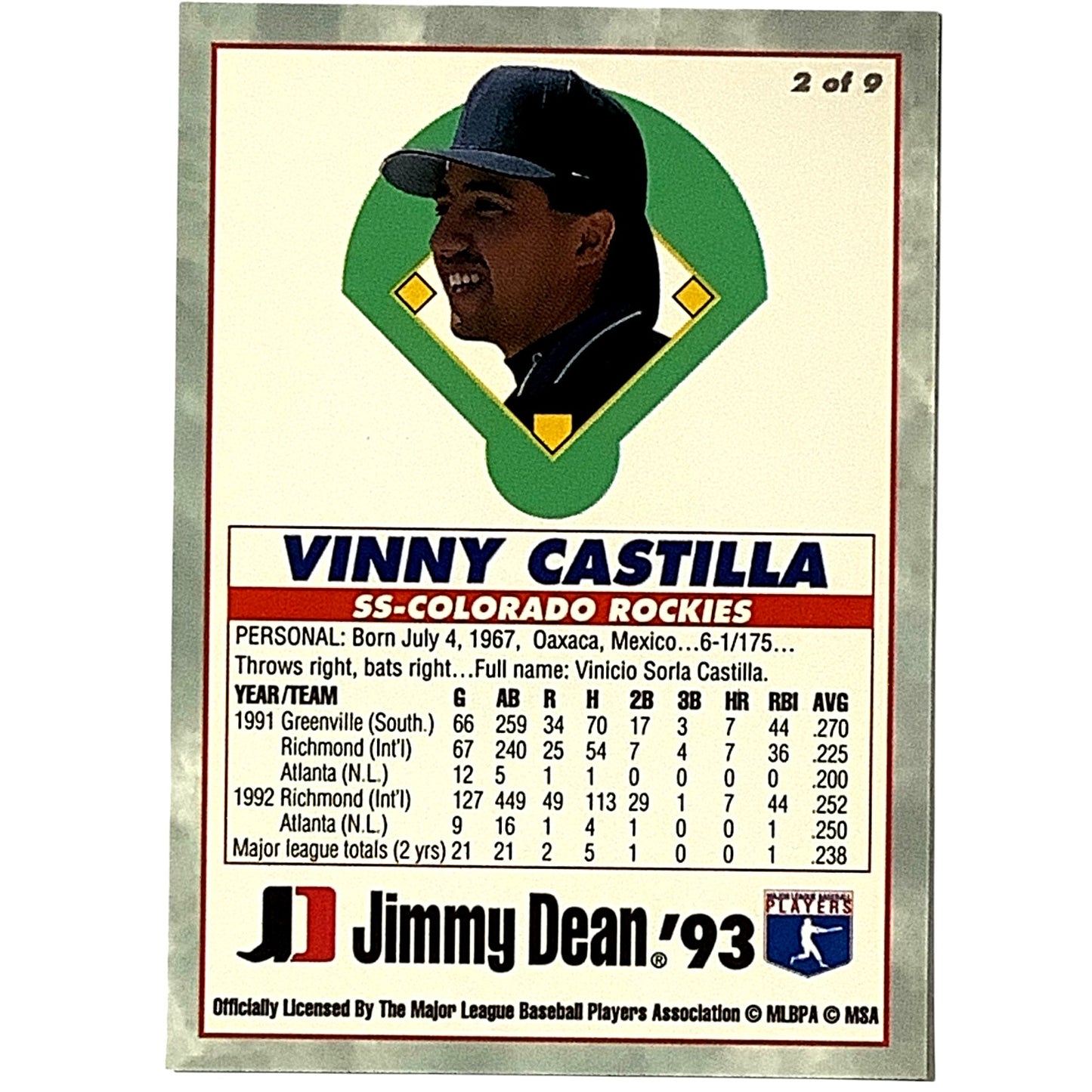 1993 Rookies, Vinny Castilla, Colorado Rockies, MLB, Jimmy Dean, Card 2, EX/NM