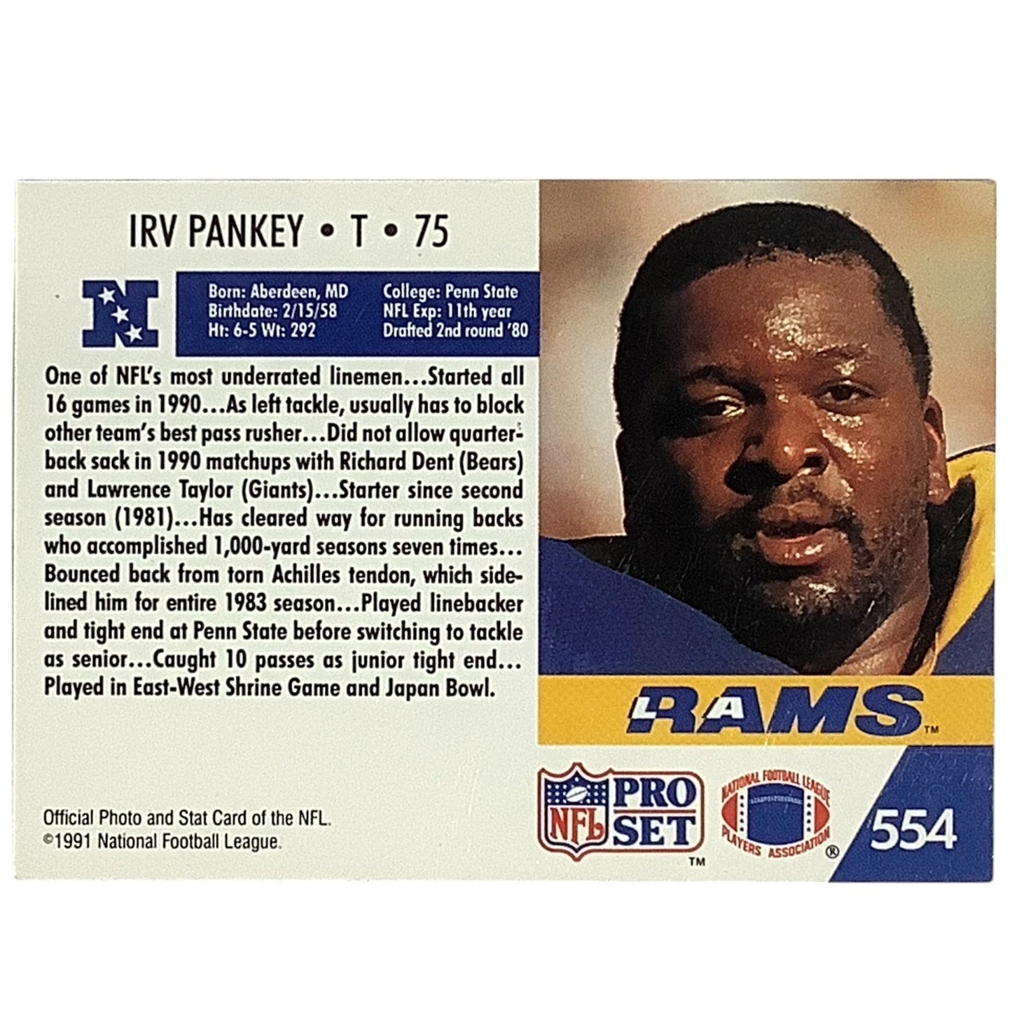 Irv Pankey, Los Angeles Rams, NFL 1991 Pro Set Card 554, EX/NM