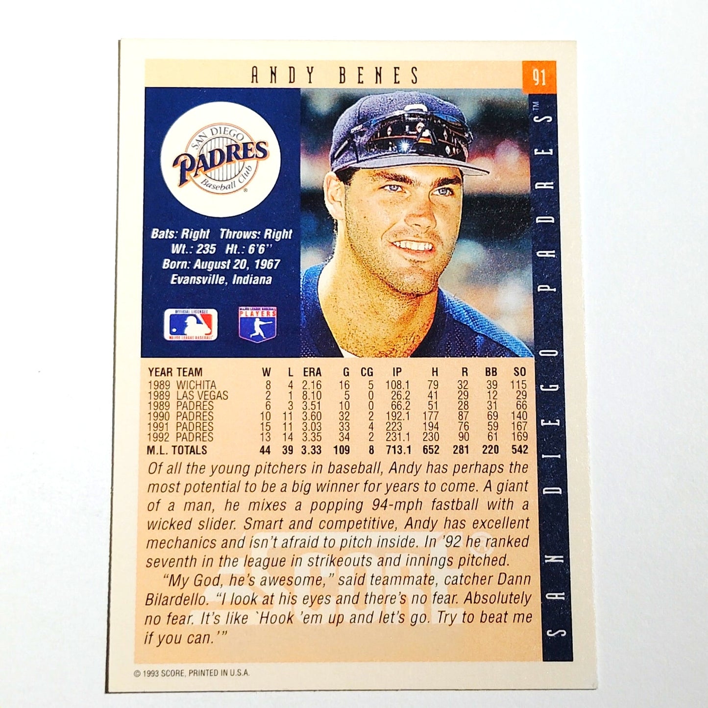 1993 Score Andy Benes #91 San Diego Padres Pitcher MLB Baseball Card NM