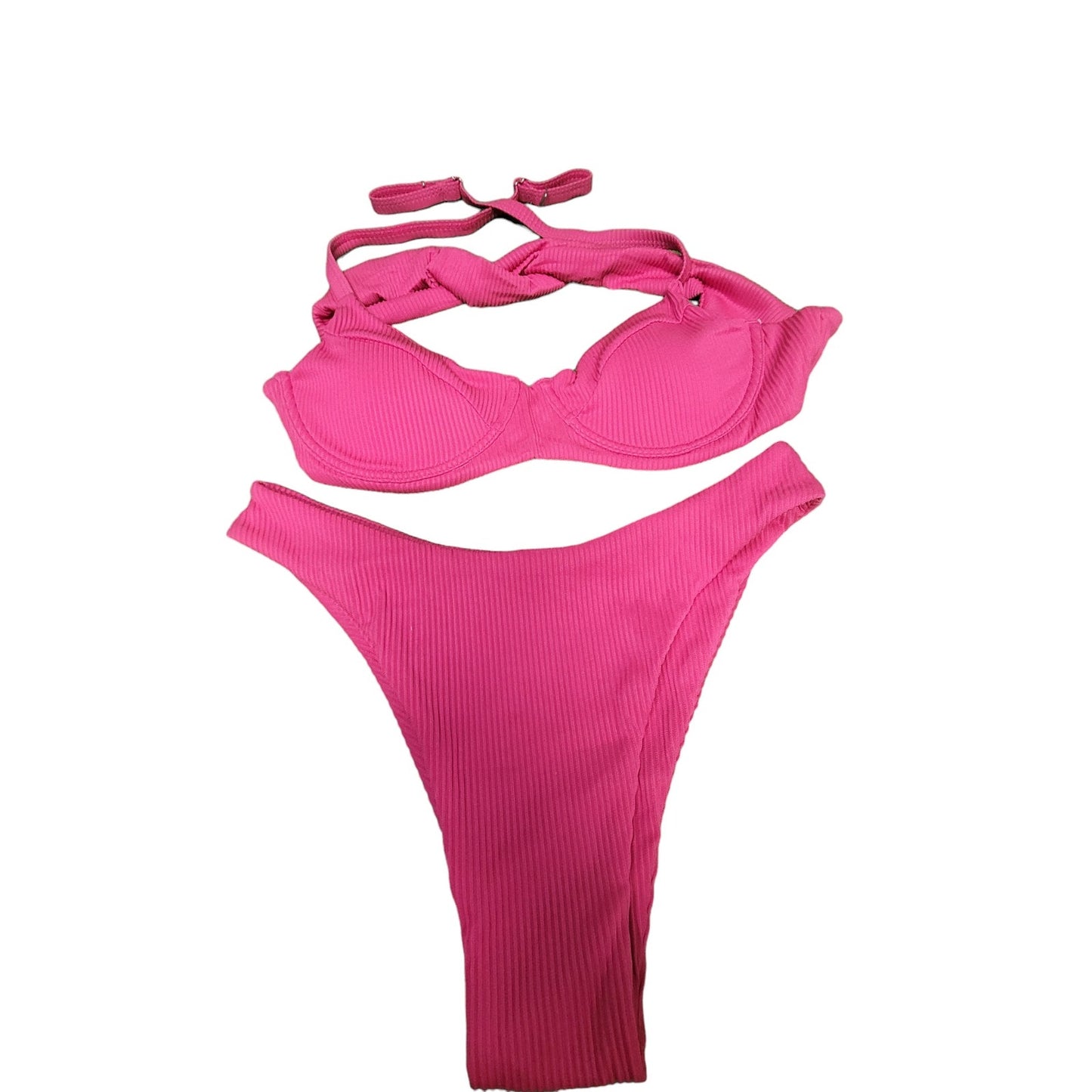 ZAFUL Ribbed Underwire Bikini, High Cut V-Notch Smocked, High Leg, Pink, S (4)