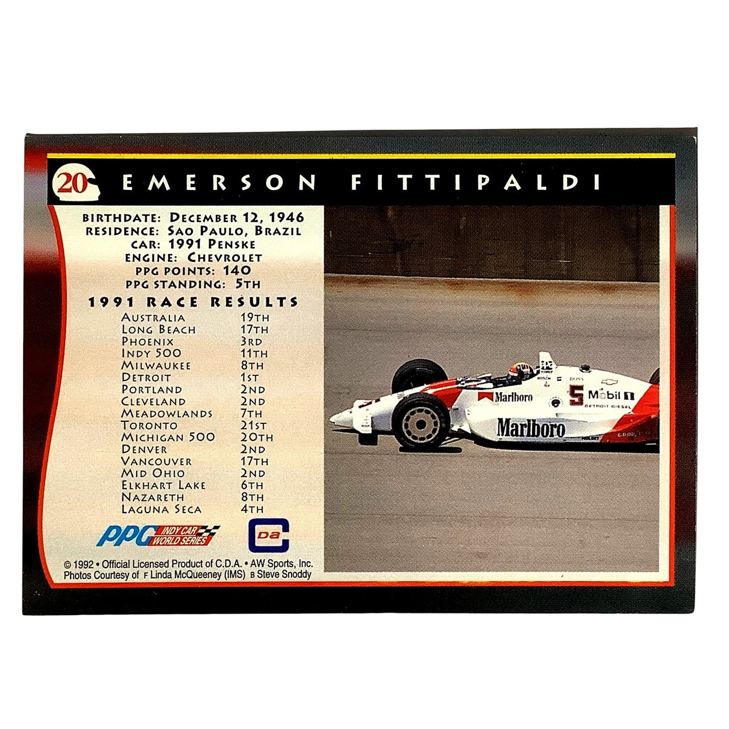 Indy Driver- Emerson Fittipaldi #5, 1992 Indy Car World Series, Card #20, NM