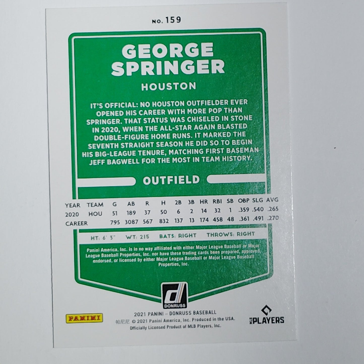2021 Donruss George Springer #159 Houston Astros Outfielder Batting - VG/EX