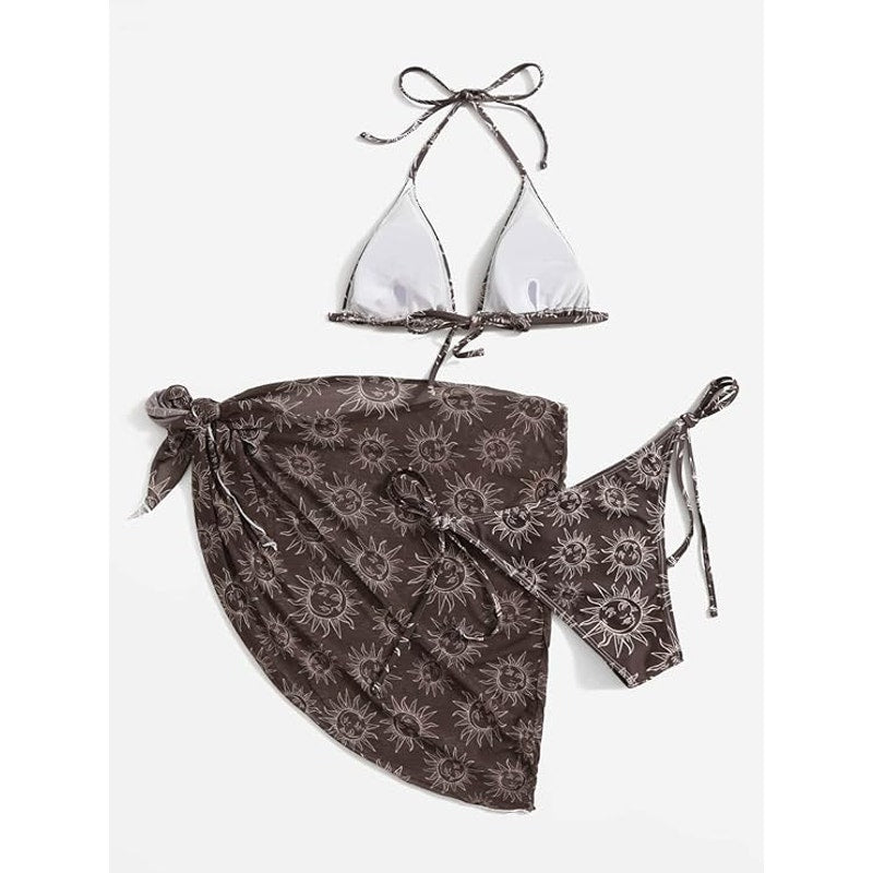 SOLY HUX 3 Piece Sun Print, Brown Halter Triangle Tie Side Bikini w/ Cover Up, M
