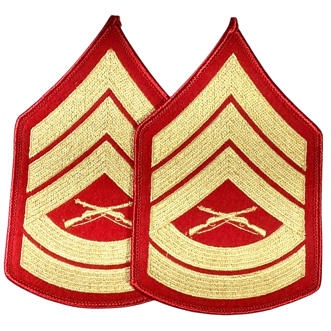 1 Set- USMC Gunnery Sergeant E-7 Gold on Red Embroidered Chevrons, Female