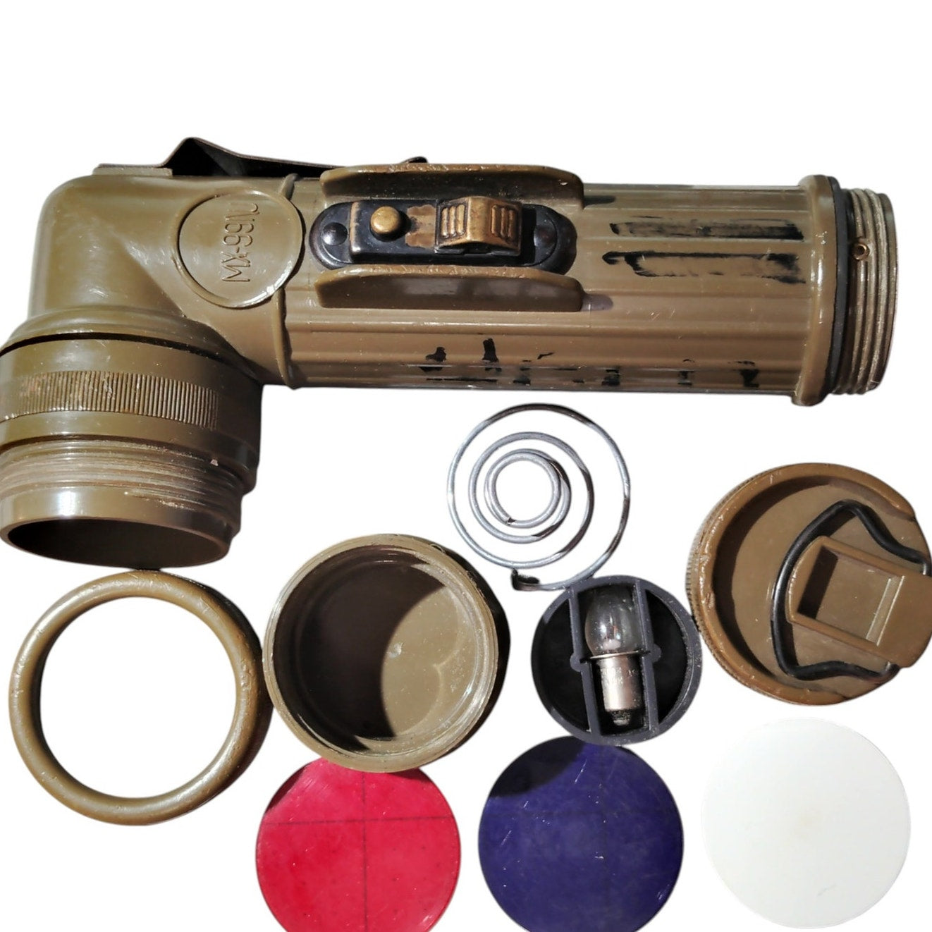 Fulton MX-99I/U Military Surplus Flashlight w/ Red, Blue, White Lens, Extra Bulb