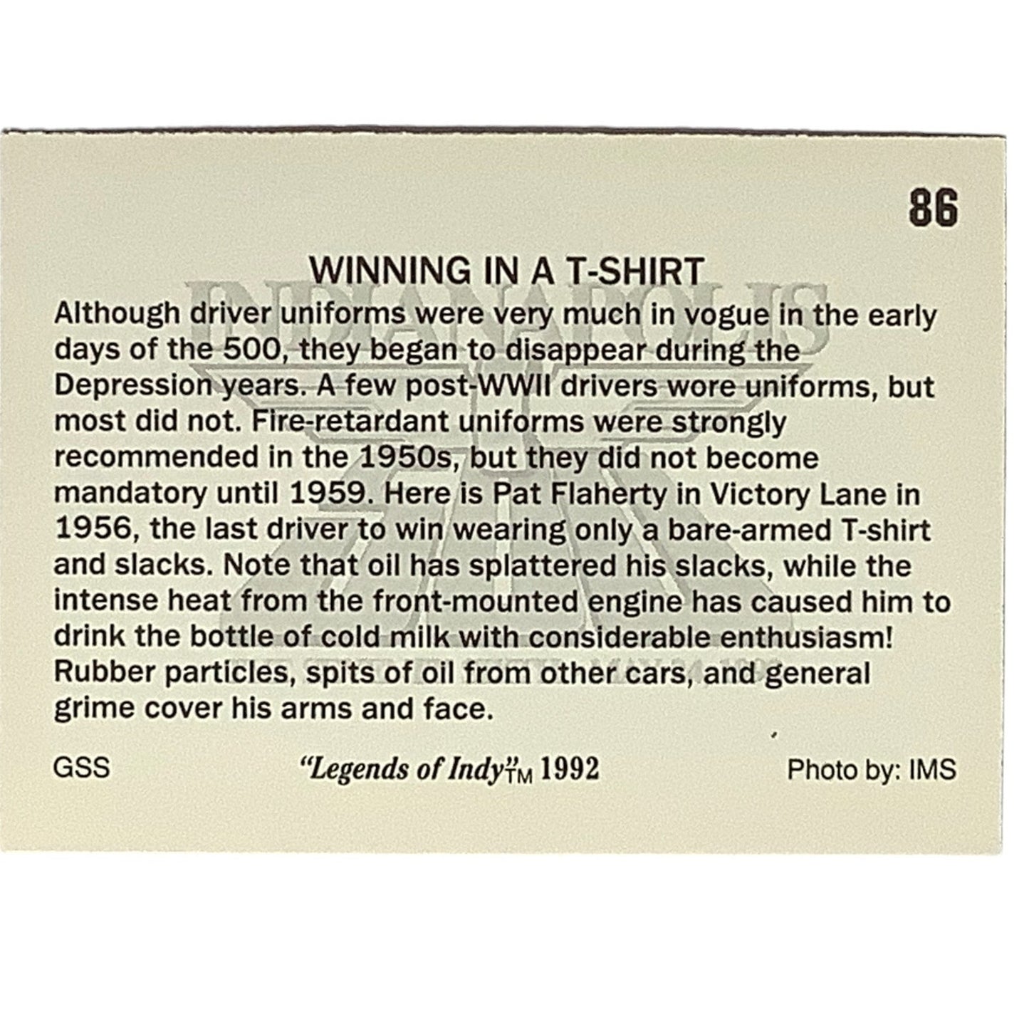 1956 Pat Flaherty in a T-Shirt at the Indy 500, 1992 Legends of Indy Card 86 NM+